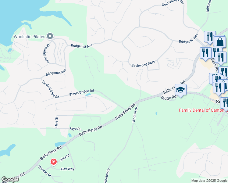 map of restaurants, bars, coffee shops, grocery stores, and more near 258 Steels Bridge Road in Canton