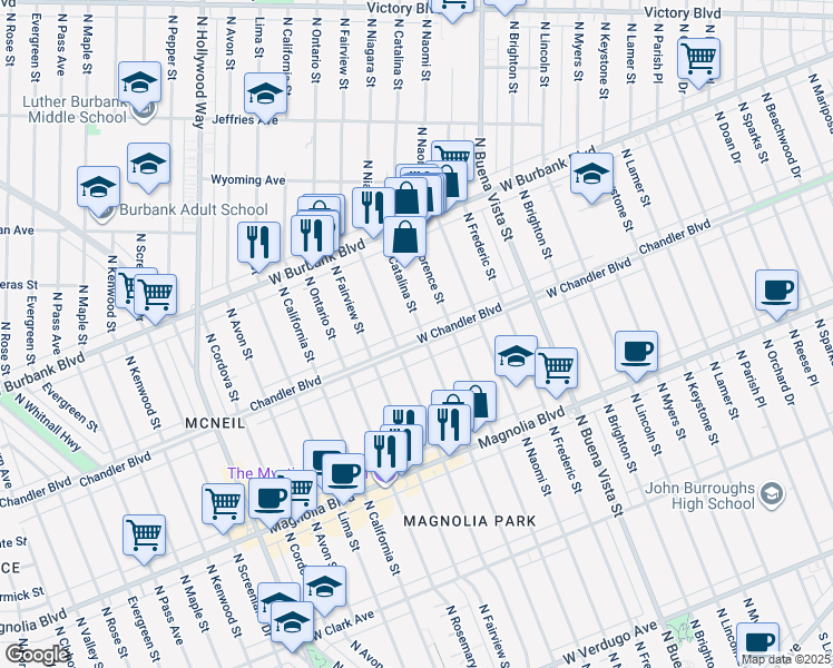 map of restaurants, bars, coffee shops, grocery stores, and more near 2903 West Chandler Boulevard in Burbank