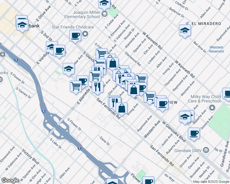 map of restaurants, bars, coffee shops, grocery stores, and more near 1052 Elm Avenue in Glendale