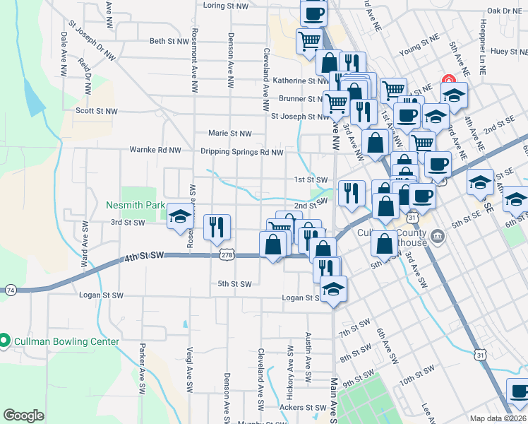 map of restaurants, bars, coffee shops, grocery stores, and more near 1206 2nd Street Southwest in Cullman