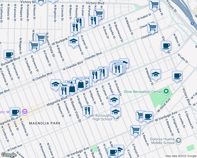 map of restaurants, bars, coffee shops, grocery stores, and more near 617 North Lamer Street in Burbank