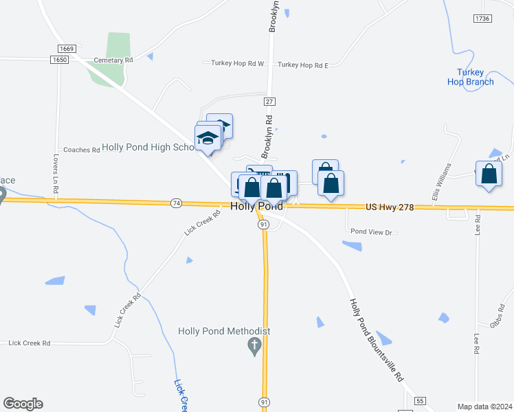 map of restaurants, bars, coffee shops, grocery stores, and more near in Holly Pond