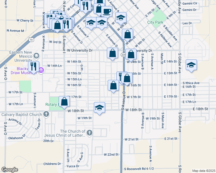 map of restaurants, bars, coffee shops, grocery stores, and more near 607 West 16th Street in Portales
