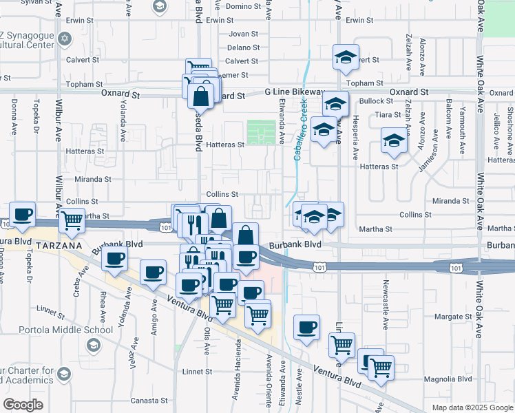 map of restaurants, bars, coffee shops, grocery stores, and more near 18360 Collins Street in Los Angeles