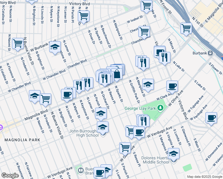 map of restaurants, bars, coffee shops, grocery stores, and more near 532 North Reese Place in Burbank