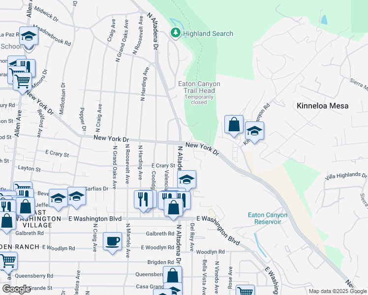 map of restaurants, bars, coffee shops, grocery stores, and more near 1640 North Altadena Drive in Pasadena