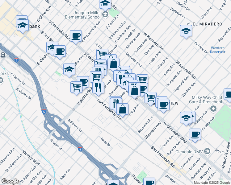 map of restaurants, bars, coffee shops, grocery stores, and more near 1052 Elm Avenue in Glendale