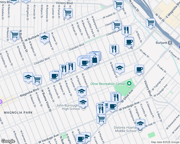 map of restaurants, bars, coffee shops, grocery stores, and more near 532 North Reese Place in Burbank