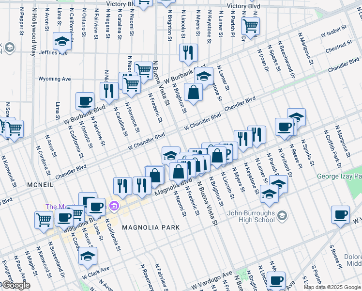 map of restaurants, bars, coffee shops, grocery stores, and more near 919 North Buena Vista Street in Burbank