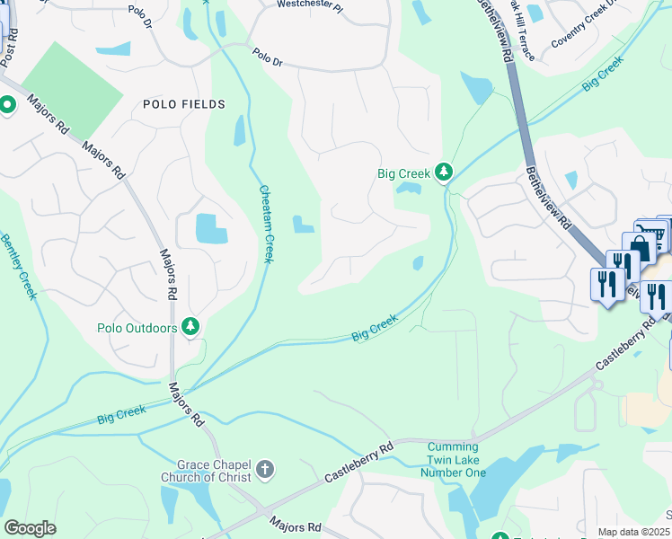 map of restaurants, bars, coffee shops, grocery stores, and more near 7045 Wakehurst Place in Cumming