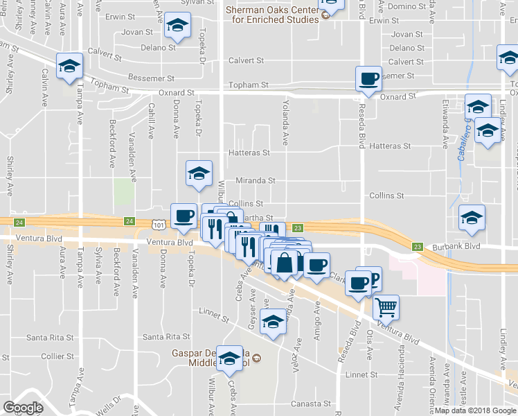 map of restaurants, bars, coffee shops, grocery stores, and more near 18748 Collins Street in Los Angeles