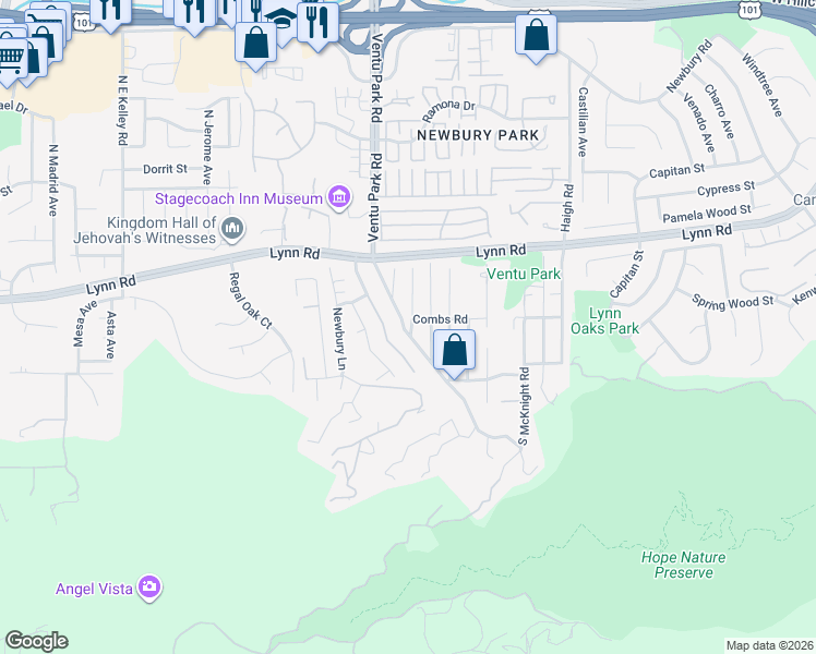 map of restaurants, bars, coffee shops, grocery stores, and more near 215 Pepper Road in Thousand Oaks