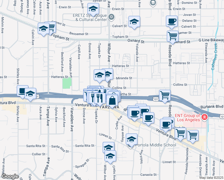 map of restaurants, bars, coffee shops, grocery stores, and more near 18848 Collins Street in Los Angeles
