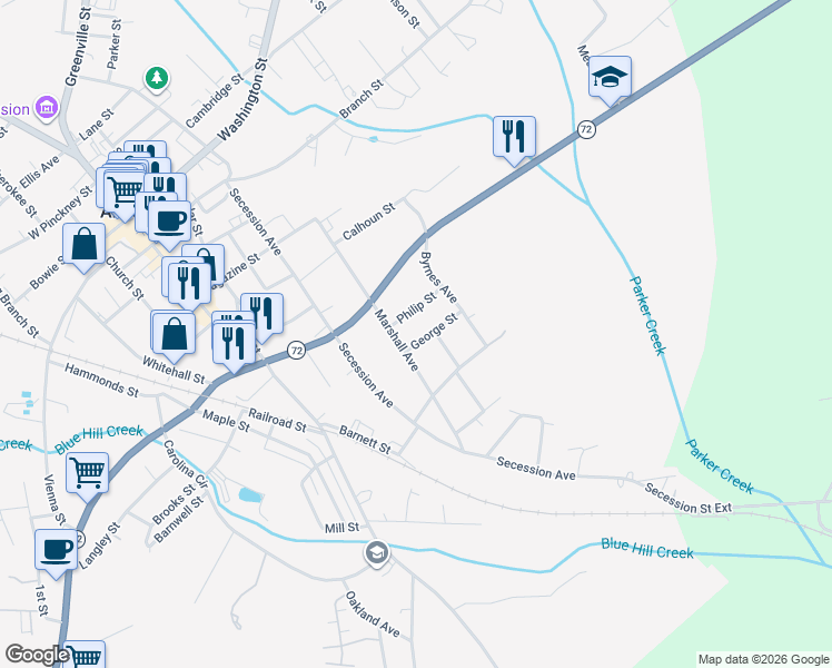 map of restaurants, bars, coffee shops, grocery stores, and more near 107 George Street in Abbeville