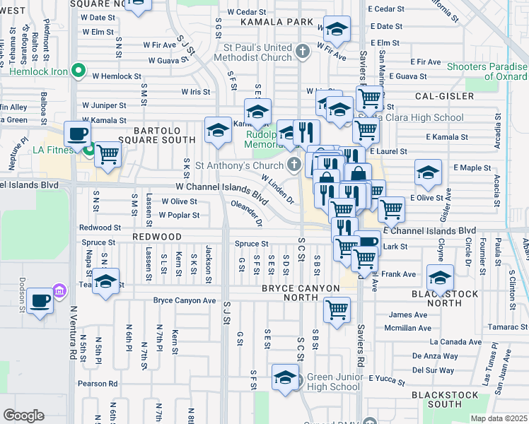 map of restaurants, bars, coffee shops, grocery stores, and more near 520 West Channel Islands Boulevard in Oxnard