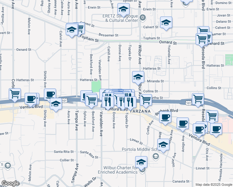 map of restaurants, bars, coffee shops, grocery stores, and more near 5657 Donna Avenue in Los Angeles
