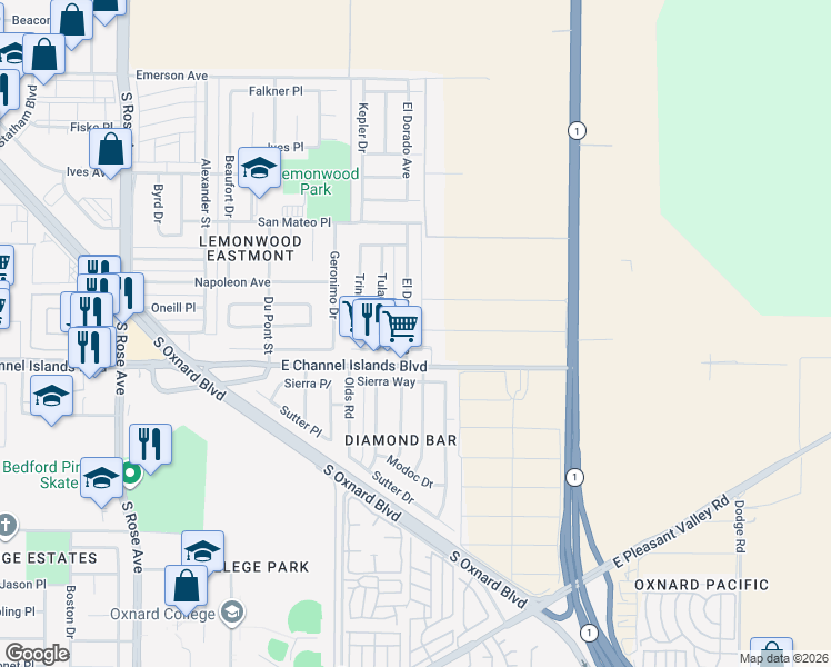 map of restaurants, bars, coffee shops, grocery stores, and more near 2710 El Dorado Avenue in Oxnard
