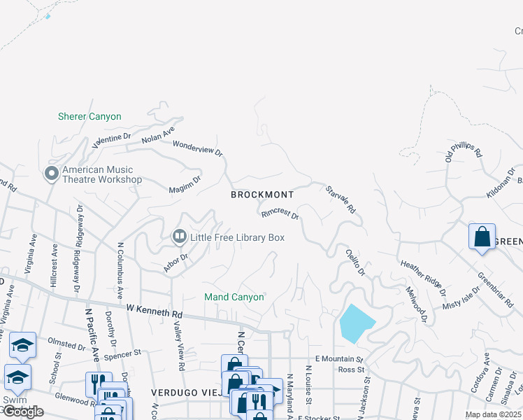 map of restaurants, bars, coffee shops, grocery stores, and more near 1961 Rimcrest Drive in Glendale