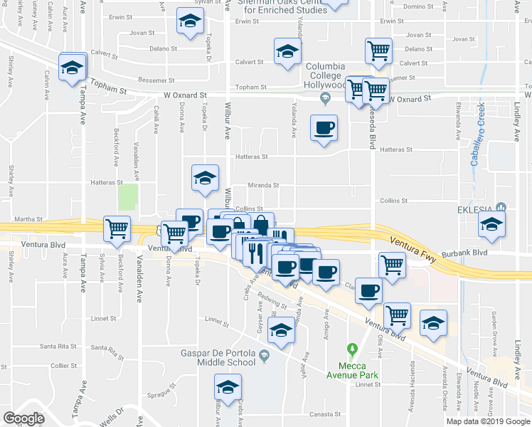 map of restaurants, bars, coffee shops, grocery stores, and more near 18748 Collins Street in Los Angeles