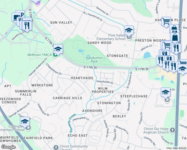 map of restaurants, bars, coffee shops, grocery stores, and more near 4015 Hearthside Drive in Wilmington
