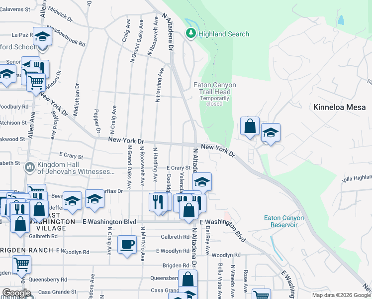 map of restaurants, bars, coffee shops, grocery stores, and more near 2578 New York Drive in Altadena