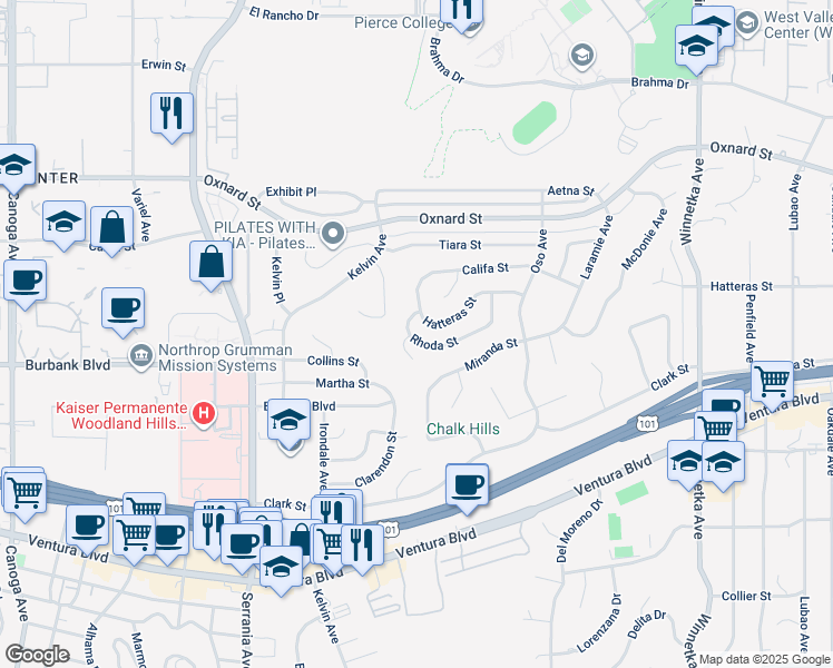 map of restaurants, bars, coffee shops, grocery stores, and more near 20551 Rhoda Street in Los Angeles