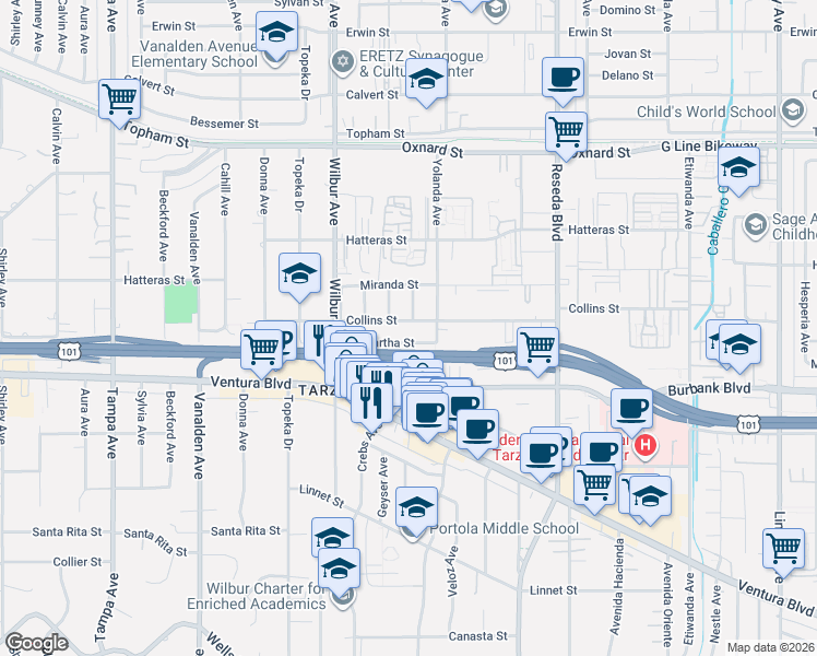 map of restaurants, bars, coffee shops, grocery stores, and more near 18730 Collins Street in Los Angeles