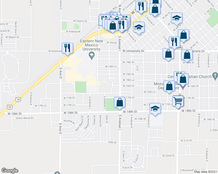 map of restaurants, bars, coffee shops, grocery stores, and more near 1020 West 16th Street in Portales