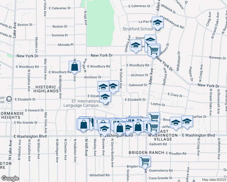 map of restaurants, bars, coffee shops, grocery stores, and more near 1654 University Drive in Pasadena