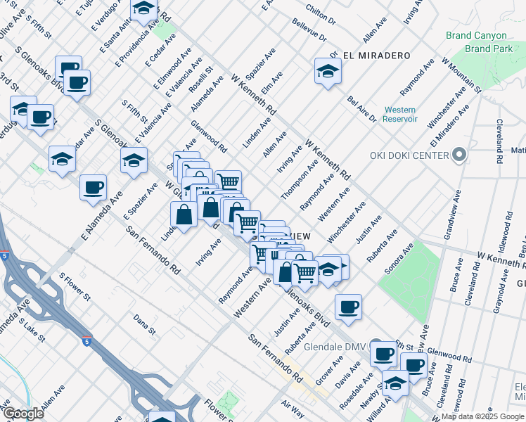 map of restaurants, bars, coffee shops, grocery stores, and more near 1165 Thompson Avenue in Glendale