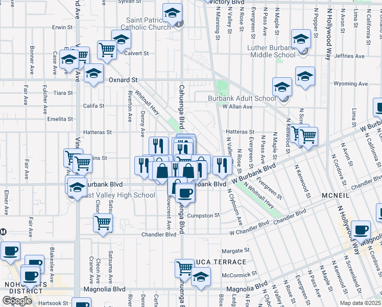map of restaurants, bars, coffee shops, grocery stores, and more near 5719 Auckland Avenue in Los Angeles
