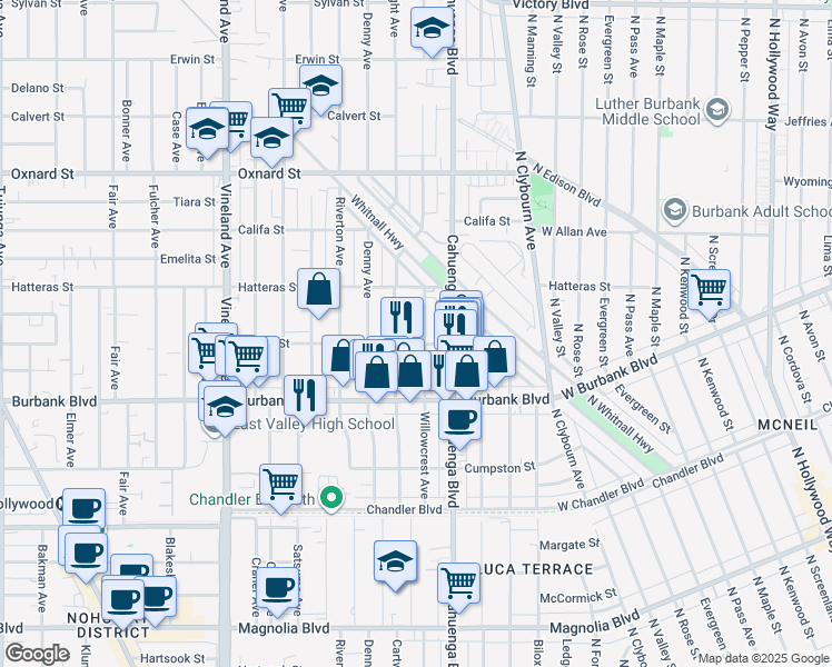 map of restaurants, bars, coffee shops, grocery stores, and more near 5718 Cartwright Avenue in Los Angeles