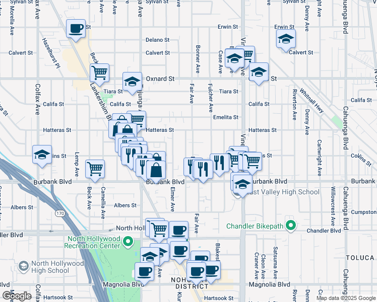 map of restaurants, bars, coffee shops, grocery stores, and more near 5719 Klump Avenue in Los Angeles