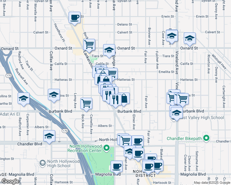 map of restaurants, bars, coffee shops, grocery stores, and more near 11342 Miranda Street in Los Angeles