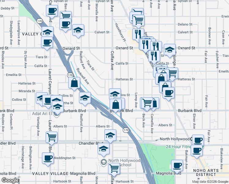 map of restaurants, bars, coffee shops, grocery stores, and more near 5720 Colfax Avenue in Los Angeles