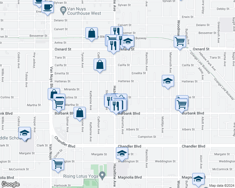 map of restaurants, bars, coffee shops, grocery stores, and more near 5716 Hazeltine Avenue in Los Angeles