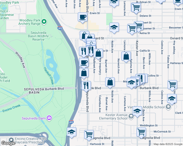 map of restaurants, bars, coffee shops, grocery stores, and more near 5720 Sepulveda Boulevard in Los Angeles