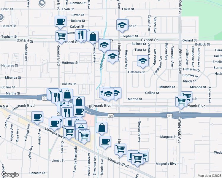map of restaurants, bars, coffee shops, grocery stores, and more near 18130 Miranda Street in Los Angeles
