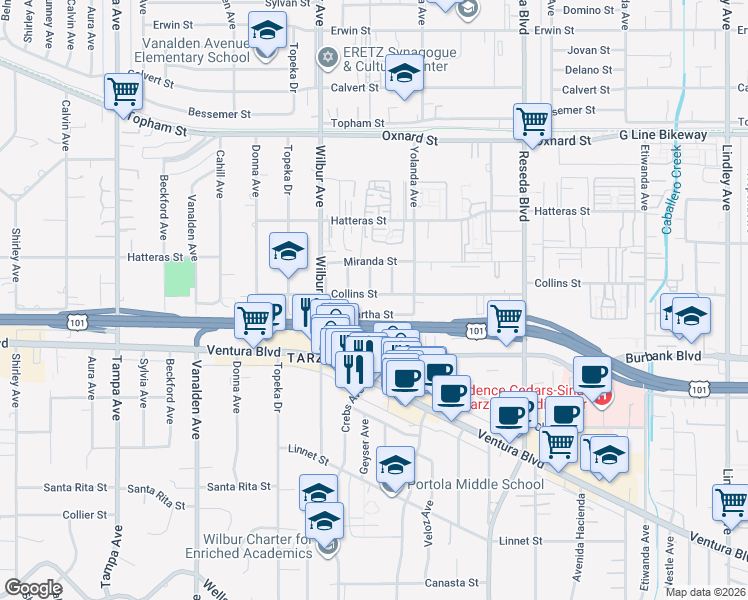 map of restaurants, bars, coffee shops, grocery stores, and more near 18730 Collins Street in Los Angeles