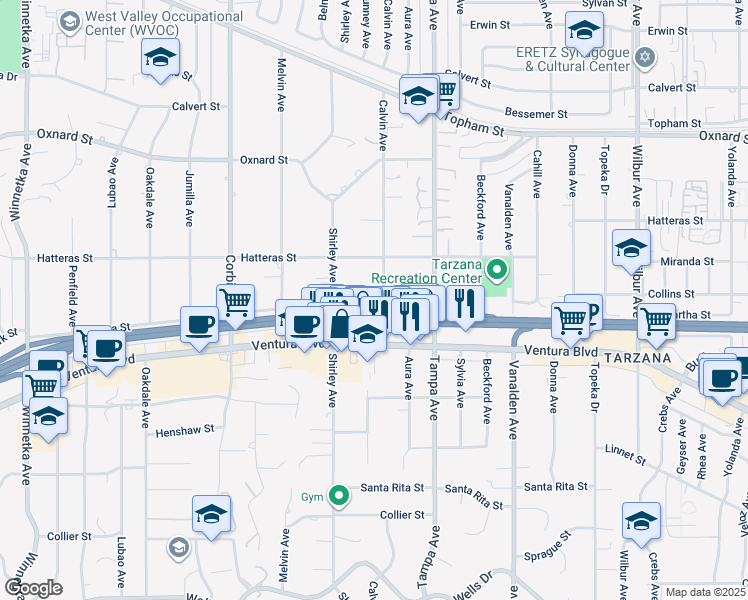 map of restaurants, bars, coffee shops, grocery stores, and more near 5648 Calvin Avenue in Los Angeles