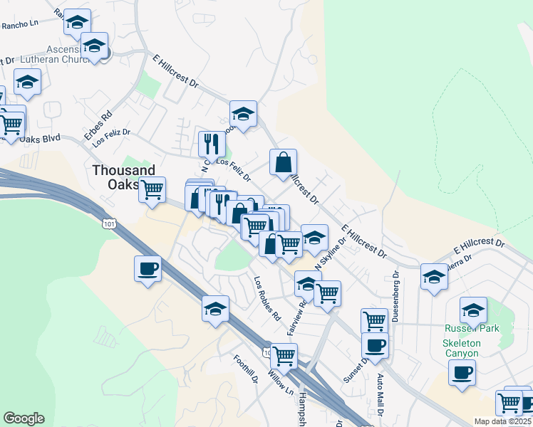 map of restaurants, bars, coffee shops, grocery stores, and more near 136 North Oakview Drive in Thousand Oaks