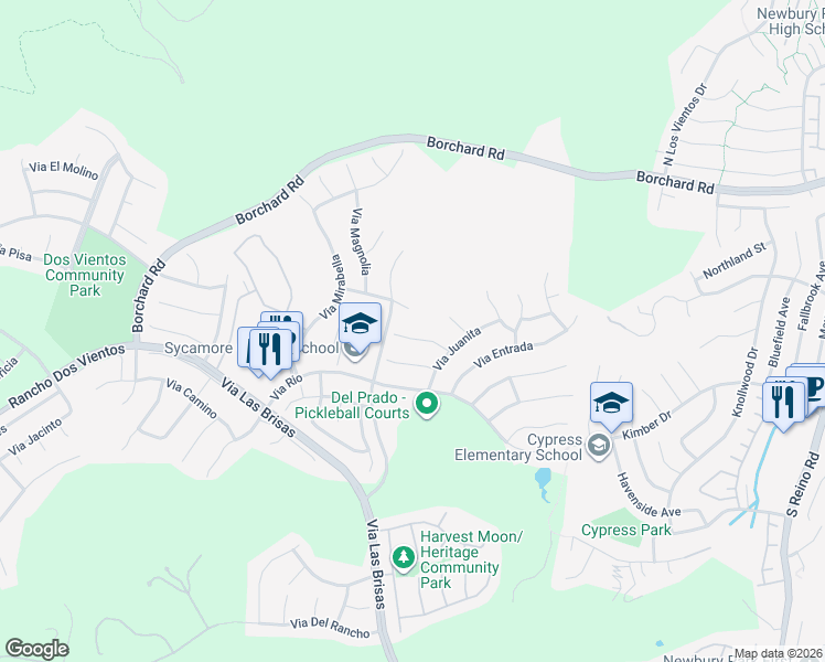 map of restaurants, bars, coffee shops, grocery stores, and more near 206 Via Lara in Thousand Oaks