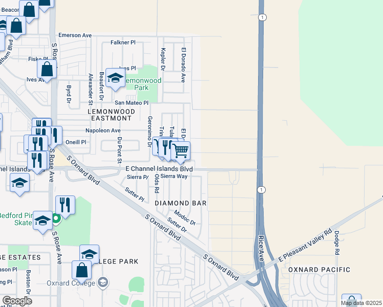 map of restaurants, bars, coffee shops, grocery stores, and more near 2700 El Dorado Avenue in Oxnard