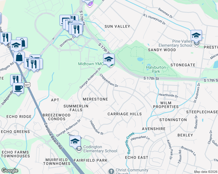 map of restaurants, bars, coffee shops, grocery stores, and more near 3837 Merestone Drive in Wilmington