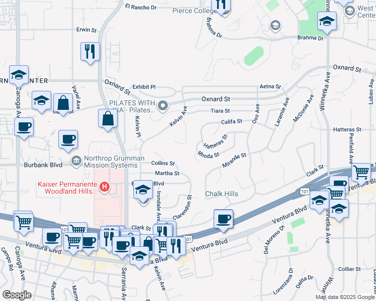 map of restaurants, bars, coffee shops, grocery stores, and more near 5722 Wallis Lane in Los Angeles