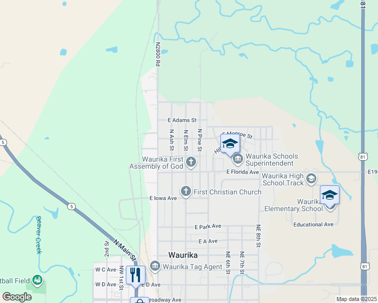 map of restaurants, bars, coffee shops, grocery stores, and more near 1014 North Pine Street in Waurika