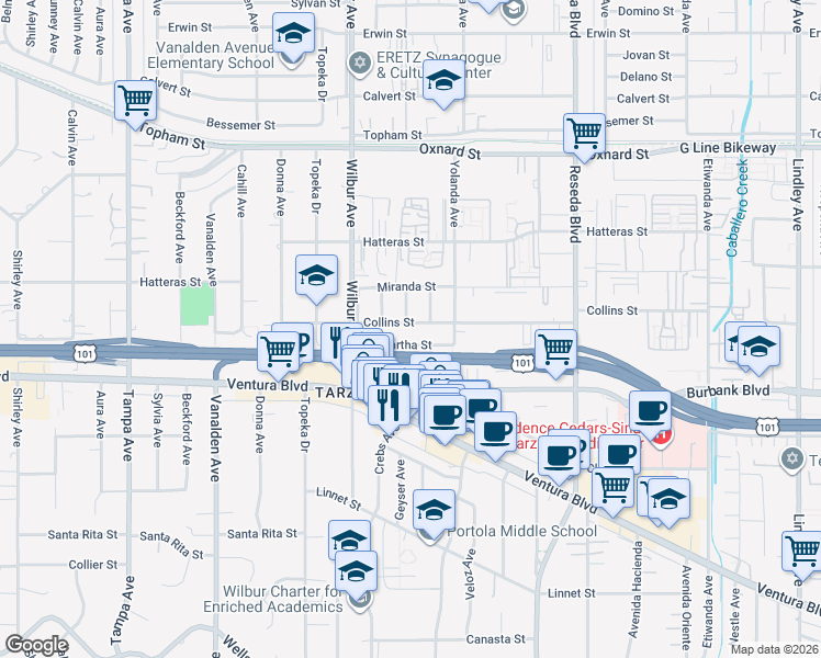 map of restaurants, bars, coffee shops, grocery stores, and more near Collins Street in Los Angeles