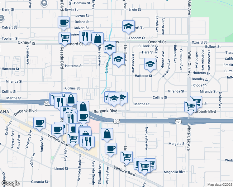 map of restaurants, bars, coffee shops, grocery stores, and more near 18130 Miranda Street in Los Angeles