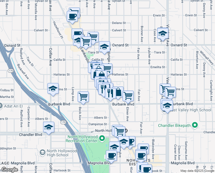 map of restaurants, bars, coffee shops, grocery stores, and more near 5714 Lankershim Boulevard in Los Angeles