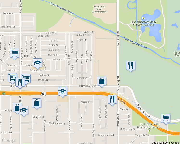 map of restaurants, bars, coffee shops, grocery stores, and more near 5701 Wish Avenue in Los Angeles